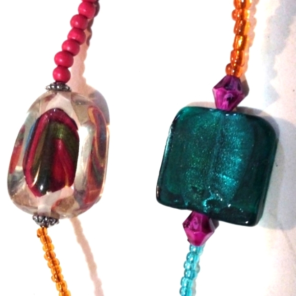 VINTAGE MULTICOLORED & MULTIBEADED LARGE STONES, BLOWN GLASS 36" NECKLACE - Picture 7 of 13